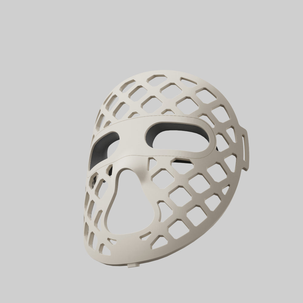  A white LED light therapy mask with a mesh design, the Peachaboo Glo Aurora promotes skin health and rejuvenation.