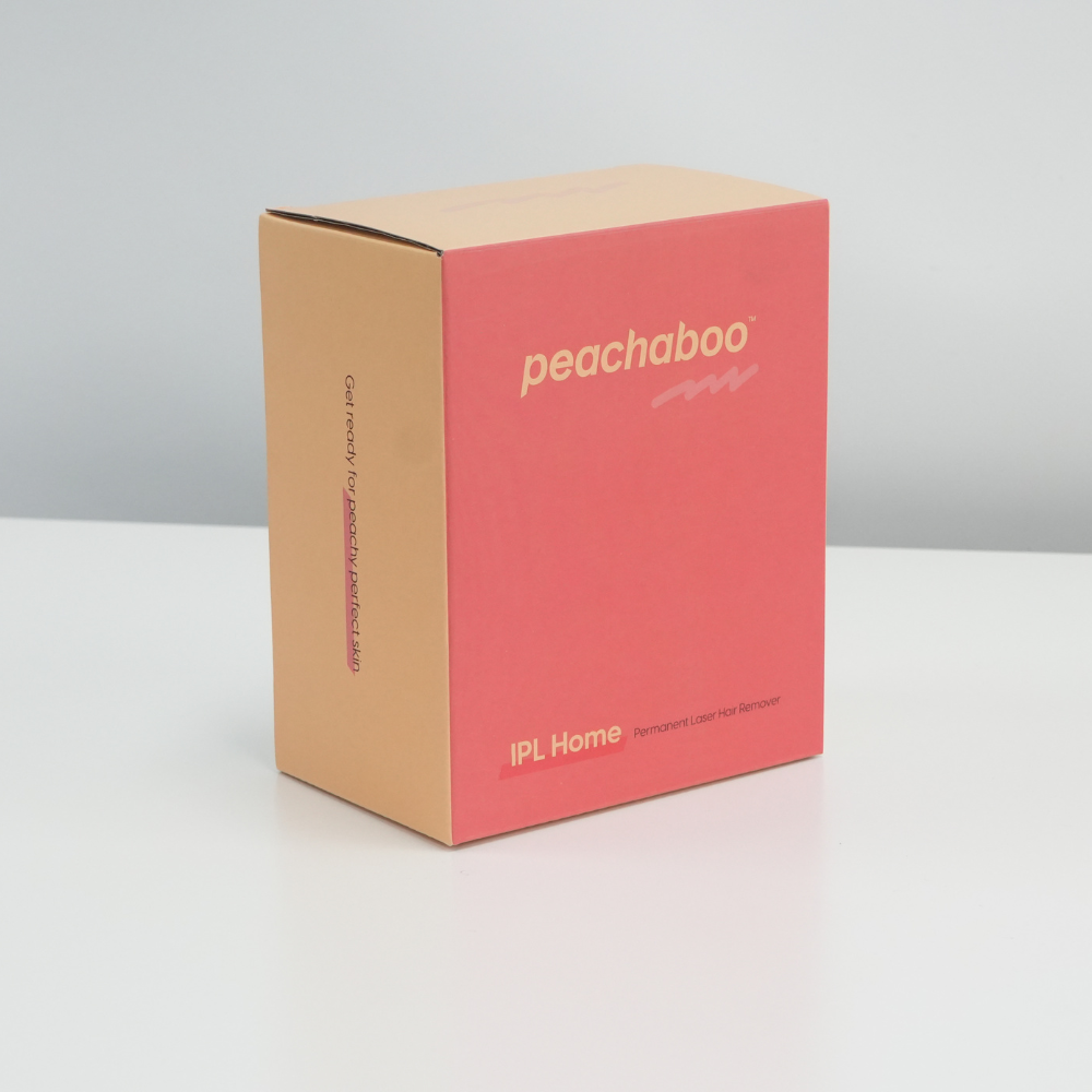 Peachaboo Laser IPL Permanent Hair Remover box design featuring a sleek, modern look with peach and white color scheme.
