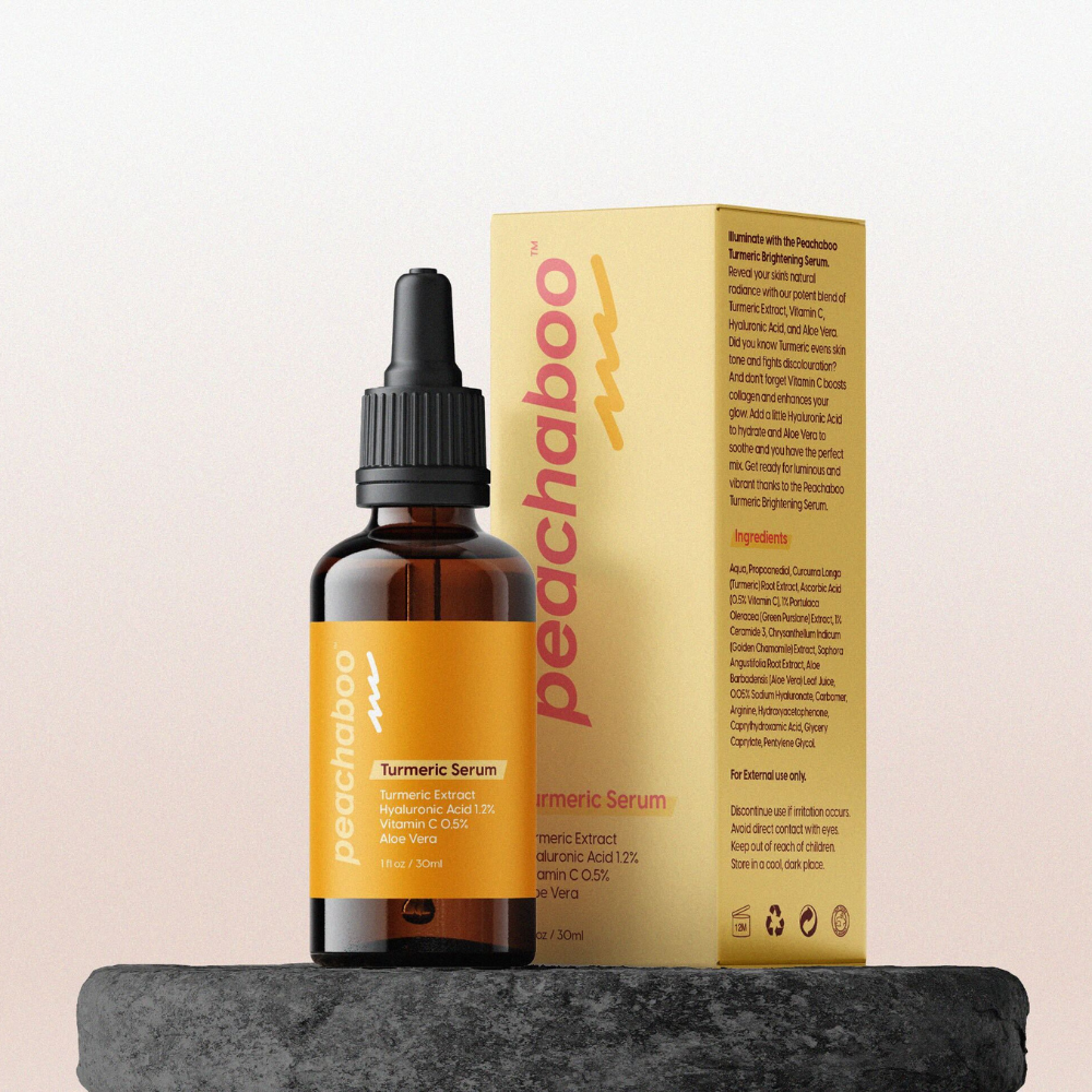  Peachaboo Turmeric Brightening Serum 30ml bottle with a vibrant design, promoting skin radiance and glow.
