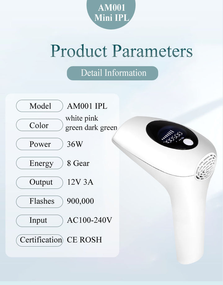 Overview of the product parameters for the Professional Permanent Laser Depilatory Hair Remover, highlighting key details.